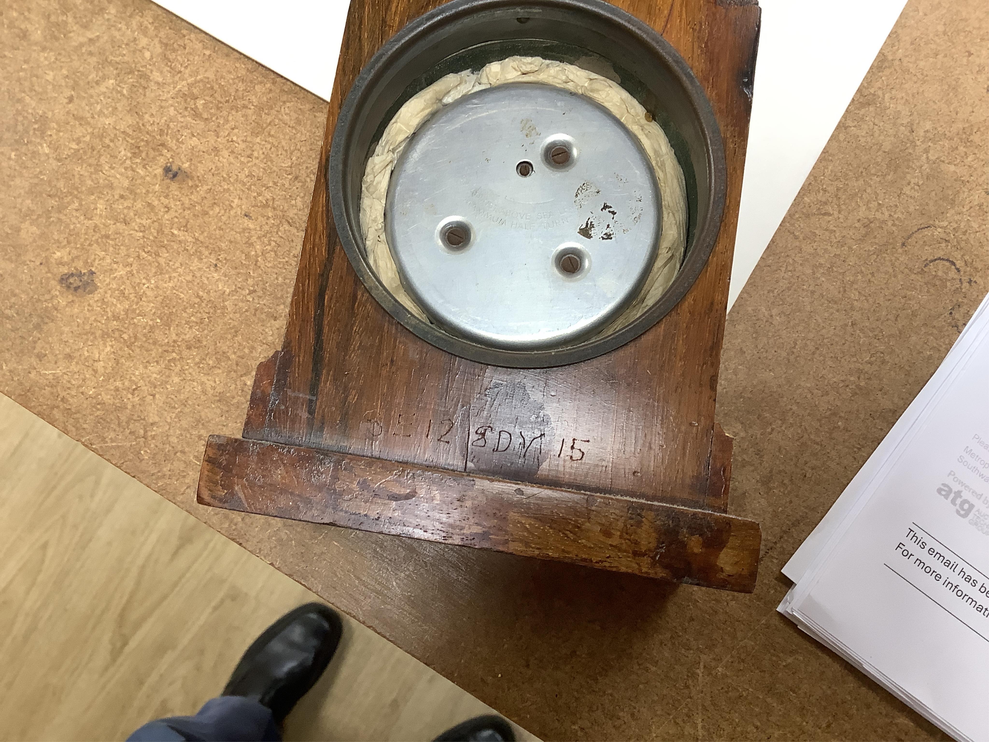 A miniature inlaid rosewood longcase clock with French movement and integral aneroid barometer and thermometer, the dial inscribed Aldis, Pimlico, 47cm high